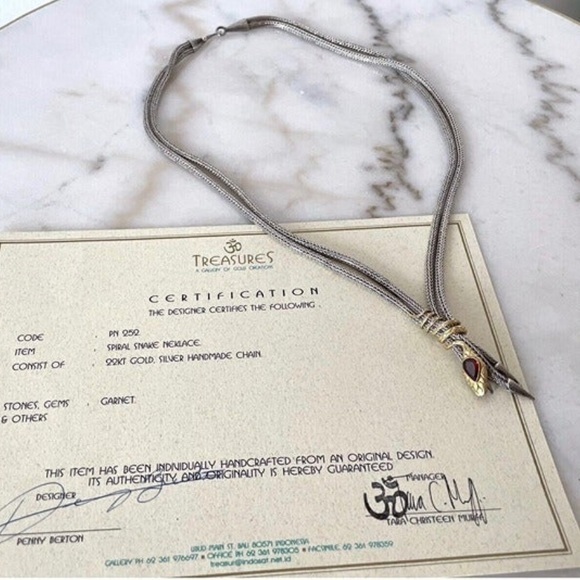 Handcrafted Bali Spiral Snake Necklace-Sterling Silver, Garnet & 22K Gold Accent - Picture 3 of 9